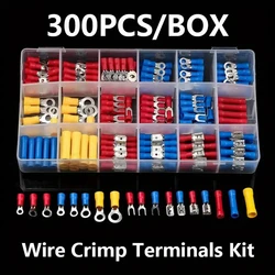 300pcs Boxed Electrical Wire Crimp Connector Kit - Insulated Spade, Butt, Ring, Fork, Ring Lugs & Rolled Terminals