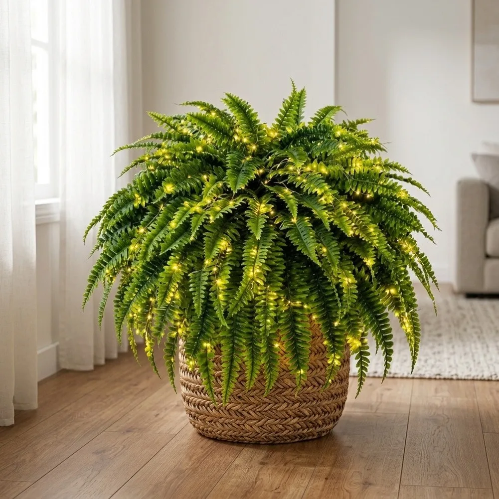 Luminous Artificial Boston For Fern 55cm Green Plastic Lifelike Hanging Plant Low Maintenance Home Office Wedding Decor