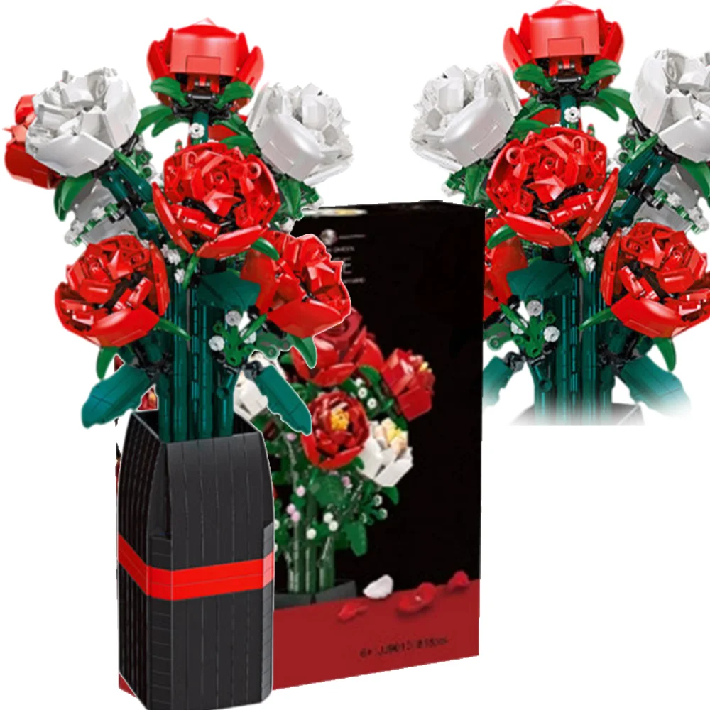 818PC Romantic Rose Flower Bouquet Building Blocks Creative Home Desk Plant Decoration Assemble Bricks Toys With Vase For Lady