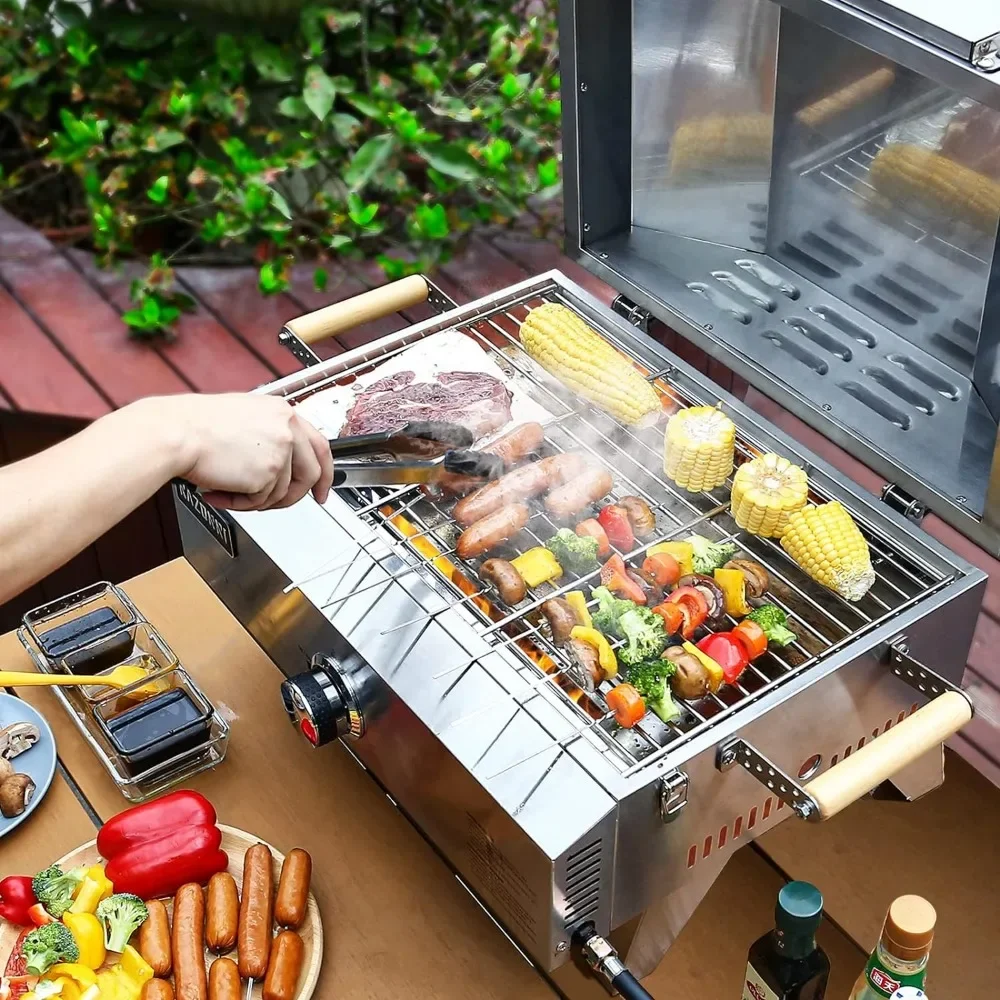 Horno y parrilla portátil para pizza de propano con piedra de 13 pulgadas, termómetro, para acampar, cocinar en el patio