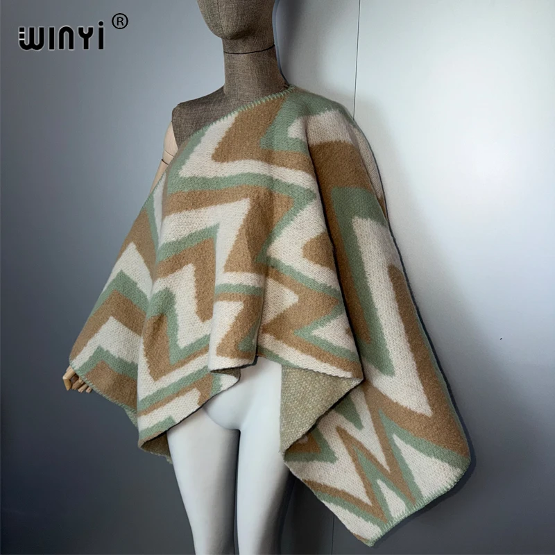 WINYI البلوز سترة كيب المرأة بلايز الخريف والشتاء برج خارجي محبوك غير النظامية كم علوي طباعة موضة المعطف عباءة #6