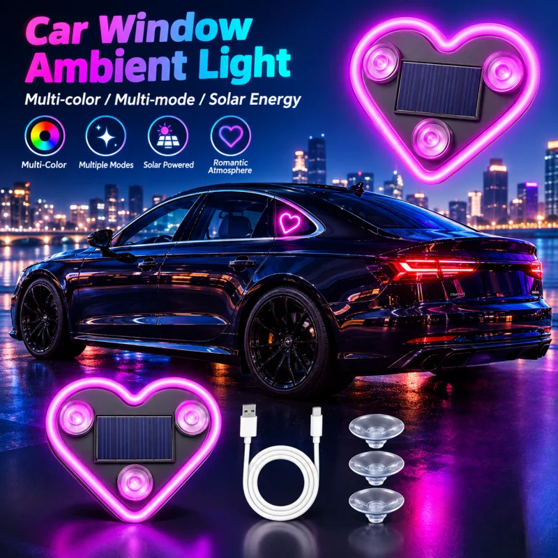 Heart-shaped Car Neon Light, Solar-powered and Type-C Rechargeable, with Vibration and Light Sensors, 5 Lighting Modes, Suction Cup Design, Wireless Car Window Ambient Light—the Perfect Gift Choice