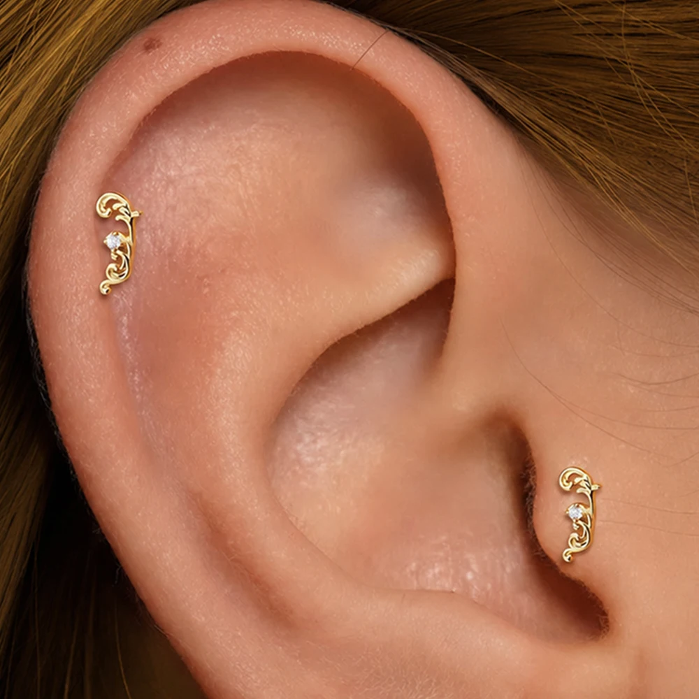 CANNER 1PC 925 Sterling Silver Flower Bud Wave Branches Flat Back Thread Piercing Earring Women Shiny Lotus Flower Earring Gift