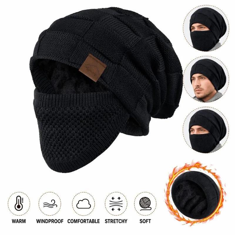 Casual Plus Size Winter Beanie Cap Thick Warm with Face Cover Knitted Hat Cuffed Design Soft Face Mask Set for Women Men