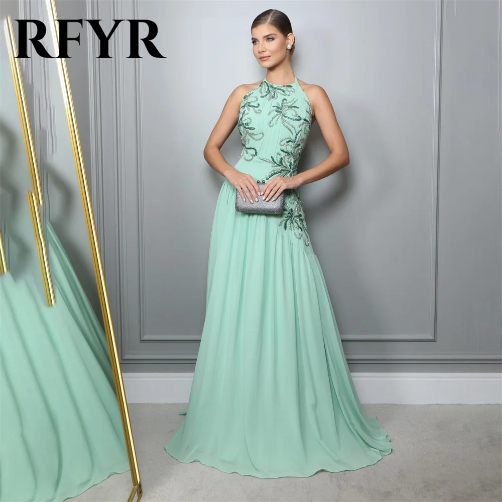 RFYR O Neck Beach Mint Green Evening Dresses Embroidery Charming Prom Dress Appliques Lace Party Dresses vestidos de noche