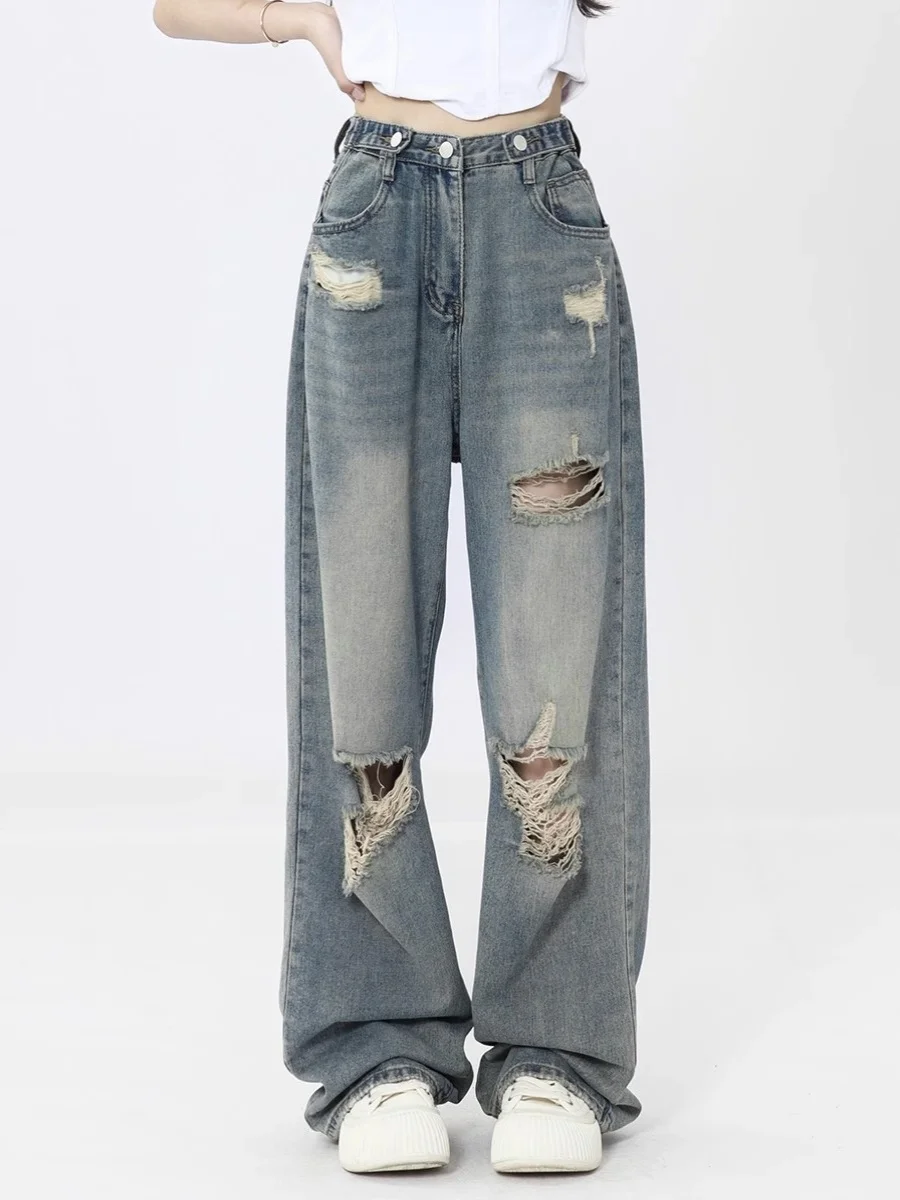 

High Waist Loose Fit Denim Jeans Women plus Size American Retro Hole Design Autumn Winter Wide Leg Pants Slimming Effect