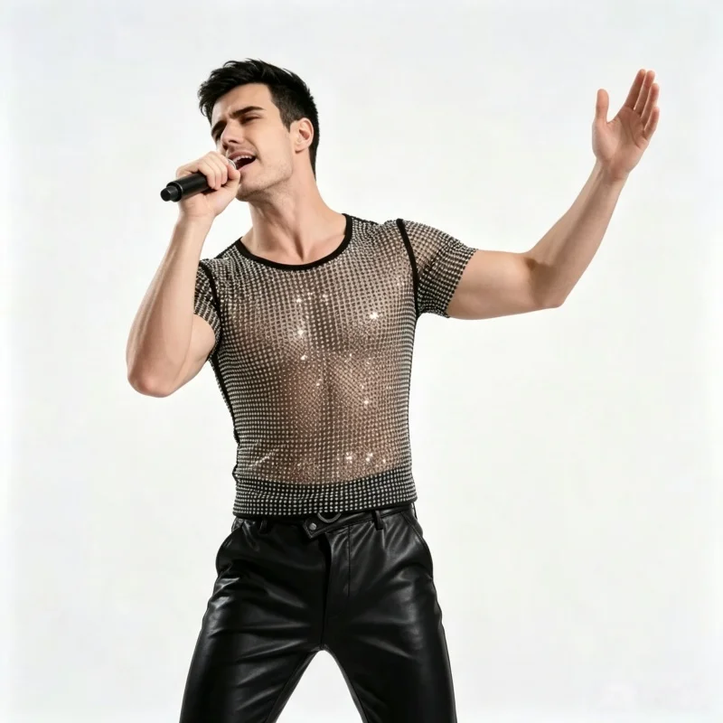 Men's Crystal Short Sleeve Mesh Top Shiny Rhinestones Fishnet Transparent T-Shirt for Club Party Concert Fashion Performance