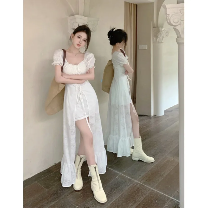 Gold Ballet Sle Exquisite Jacquard White Dress Women Spring 2024 New Waist Hugging Split Lace-up Long Skirt