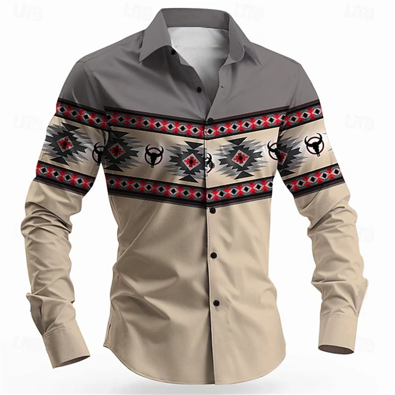 الرجعية الرجال قميص طويل الأكمام العرقية طباعة الياقات قميص زر متابعة الشارع الشهير عادية طويلة الأكمام مريحة الخريف #1