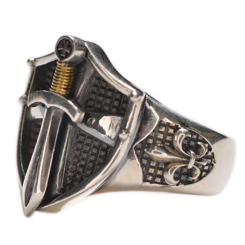 Fashionable, Cool and Exquisite Medieval Knights Templar Seal-Colored Cross Sword Shield Open Ring for Men and Women