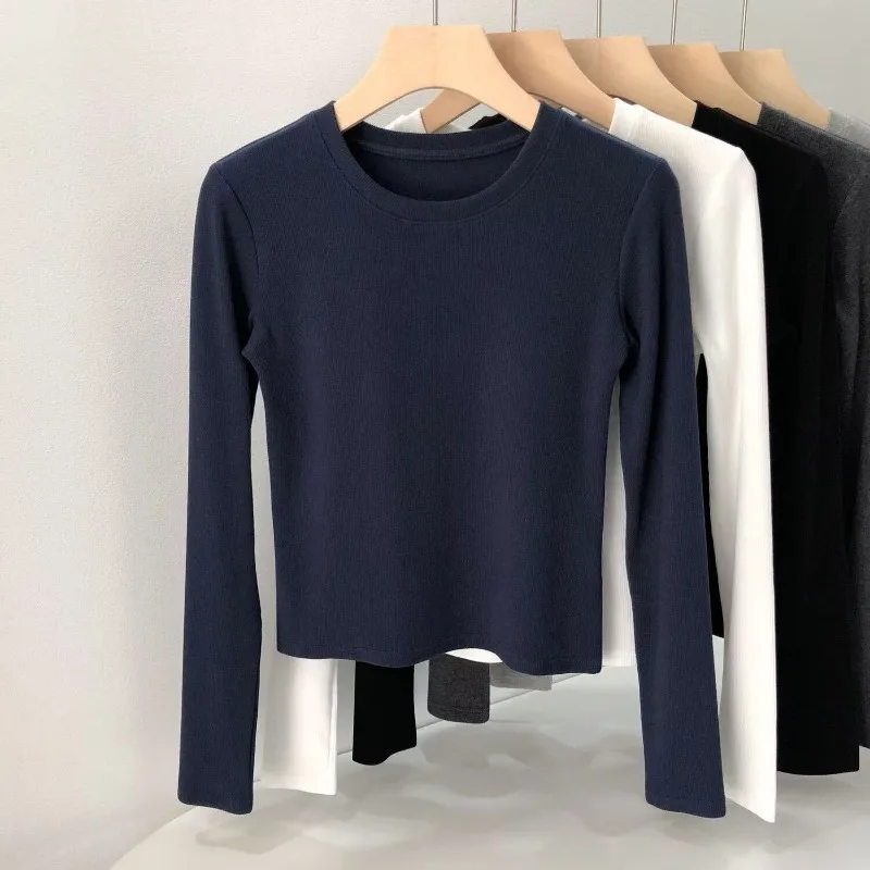 New Winter Regular Shoulder Round Neck Slim Fit Tee Women Short Waist Defined Long Sleeve Soft Stretchy Basic Casual Inner Top
