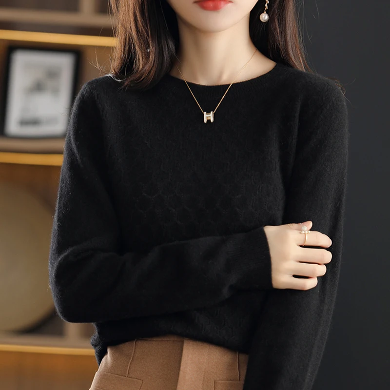 100% Wool Knitted Sweater, Women's Diamond Round Neck Pullover, High-End Autumn And Winter Versatile, Elegant And Warm Top