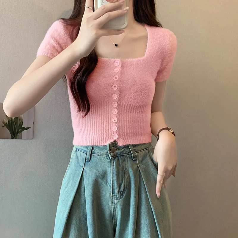 

Spring and Autumn Short Design Square Neck Short Sleeve Women's Knitted T-shirt Single-breasted Young Lady Fuzzy Fut Cardigans