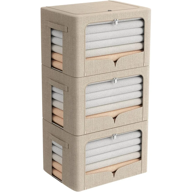 

Набор из 3 складных коробок для хранения с металлическим каркасом – органайзеры из льняной ткани с ручками для переноски и прозрачным окном, штабелируемые