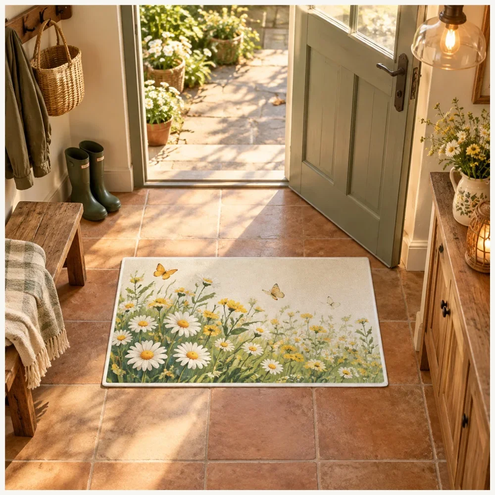 VIKAMA Daisy Meadow Door Mat, Quick Dry Non Slip Flannel Rug, Meadow Floor Mat for Cloakroom, Hallway, Front Door