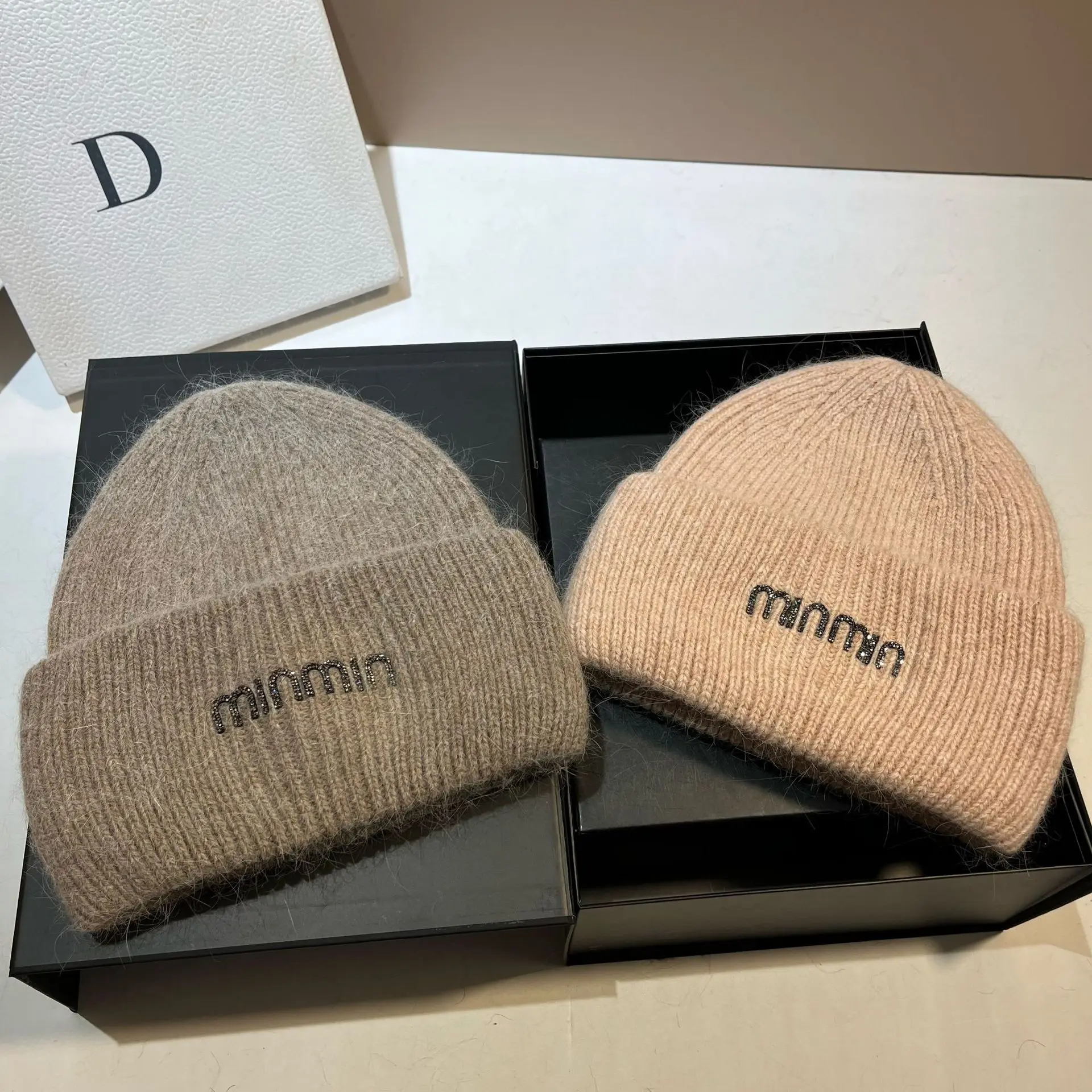 Luxury Rhinestone Knitted Hat  Real Rabbit Fur Wool Cap Unisex Fashion Winter Warm Bonnet Beanies