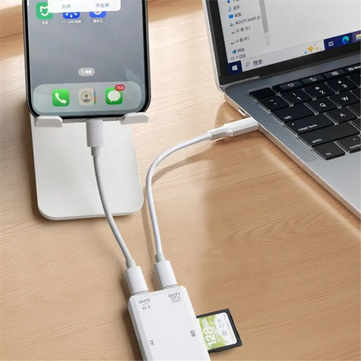 One-to-Two Dual PD 100W Fast Charging Type-C Multi-Functional OTG Card Reader Converter for Laptops, Phones,Tablets