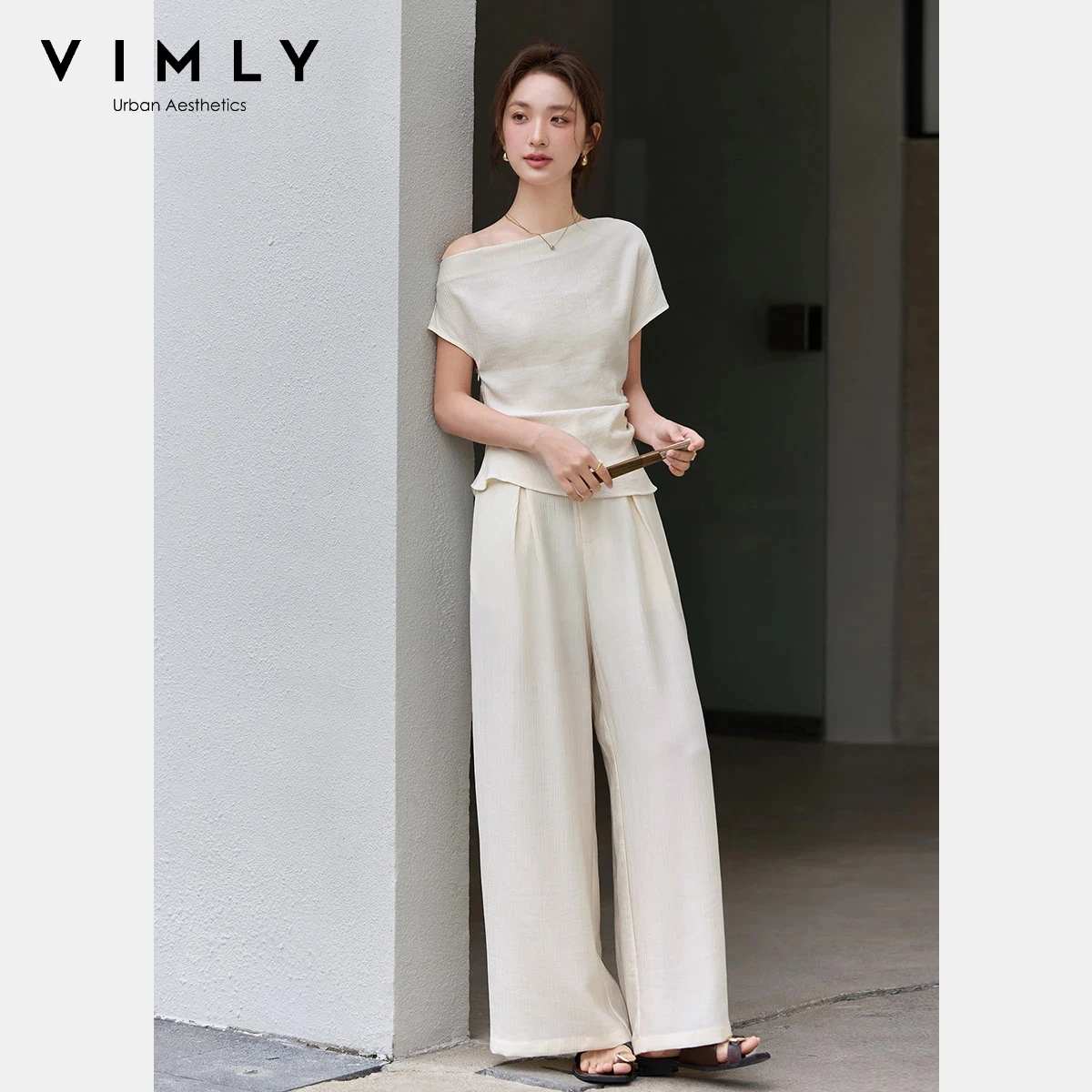 VIMLY Women's Minimalist Two-Piece Set 2026 Summer New Cowley Neck Flutter Sleeve Cropped Top Wide Leg Pants Casual Outfit 30601