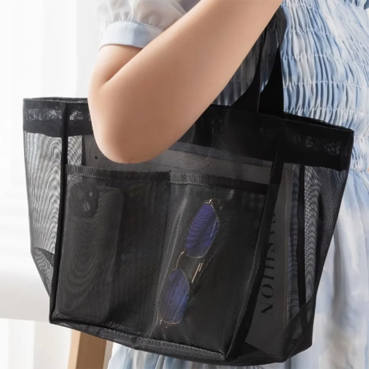 Bolso de gasa de color liso, bolsa de almacenamiento transparente, bolso de hombro, bolso de playa, bolsa de compras de red transparente de gran capacidad, 1 unidad