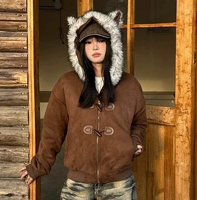 2026 Winter New Women's Down Cotton Jacket Loose Hooded Splicing American Fake Leather Grass Jacket