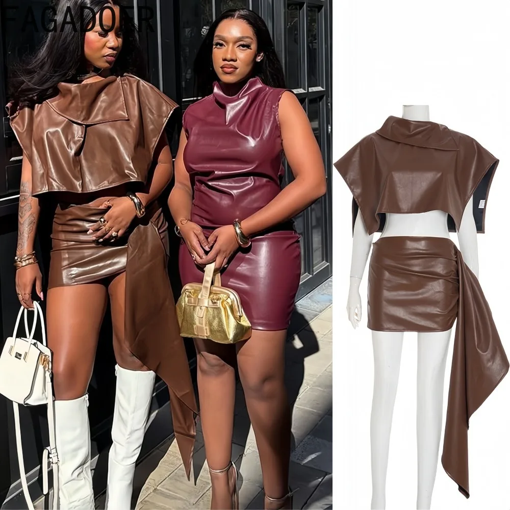

FAGADOER Sexy Leather Irregular Patchwork Two Piece Outfits Woman Solid Color Sleeveless Crop Top and Skirt Female Streetwear