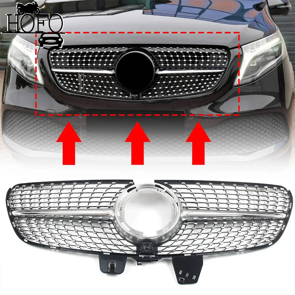 Car Front Bumper Grille Mesh Grills Diamond Style Chrome With Camera Hole For Mercedes-Benz V Class W447 V220 V250 V260 V300