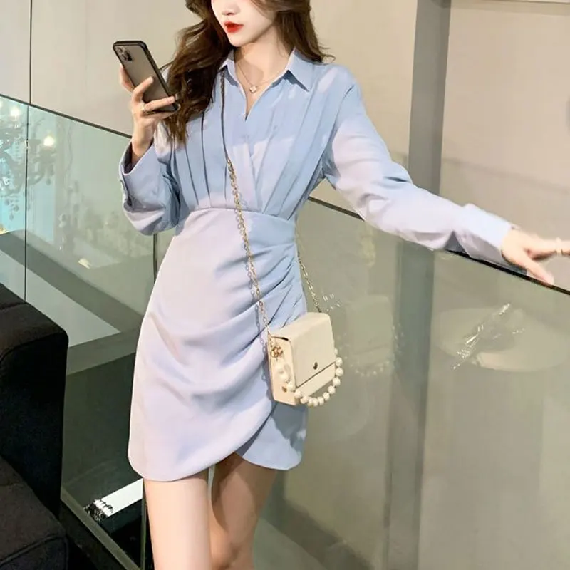 

French Style Bag Hip Dresses Spring Autumn Fashion Folds Female Clothing Aura Solid Color Commute Turn-down Collar Mini Dress