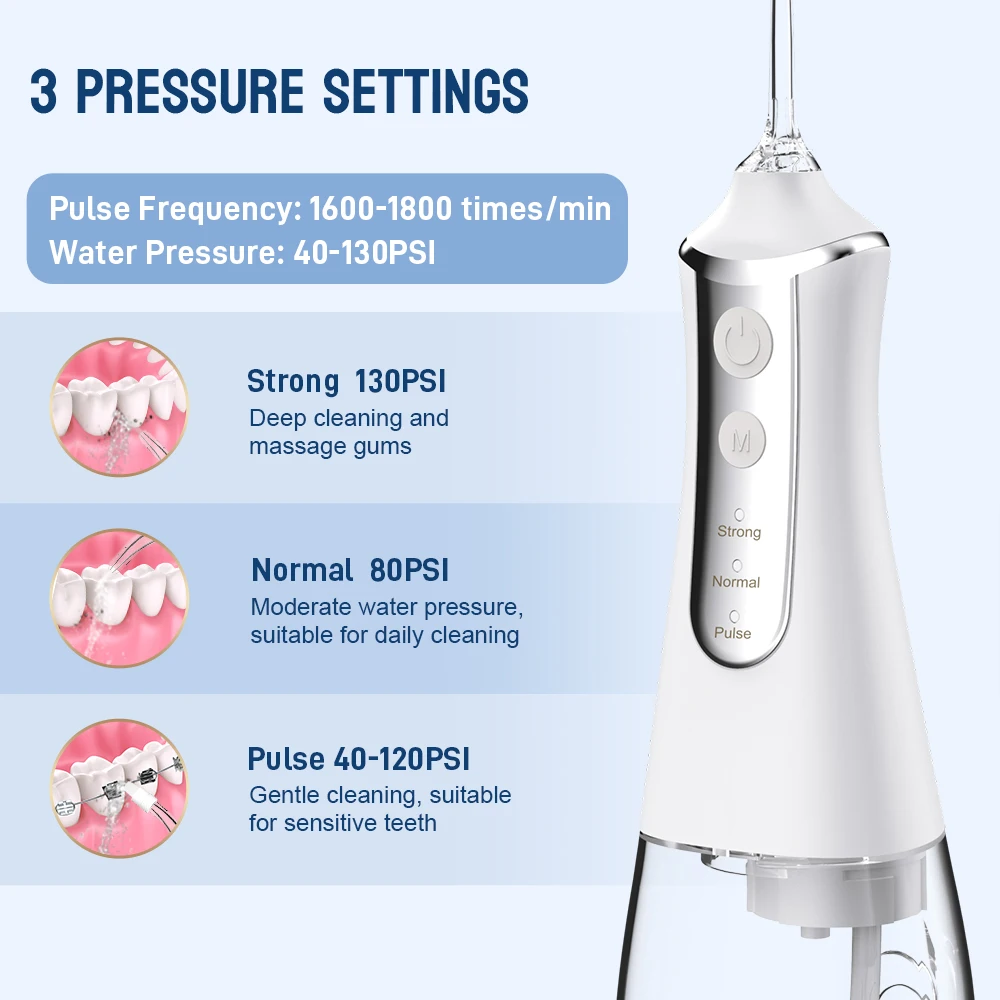

Dental Oral Irrigator Water Flosser Thread Teeth Pick Mouth Washing Machine 5 Nozzels 3 Modes USB Rechargeable 300ml Tank