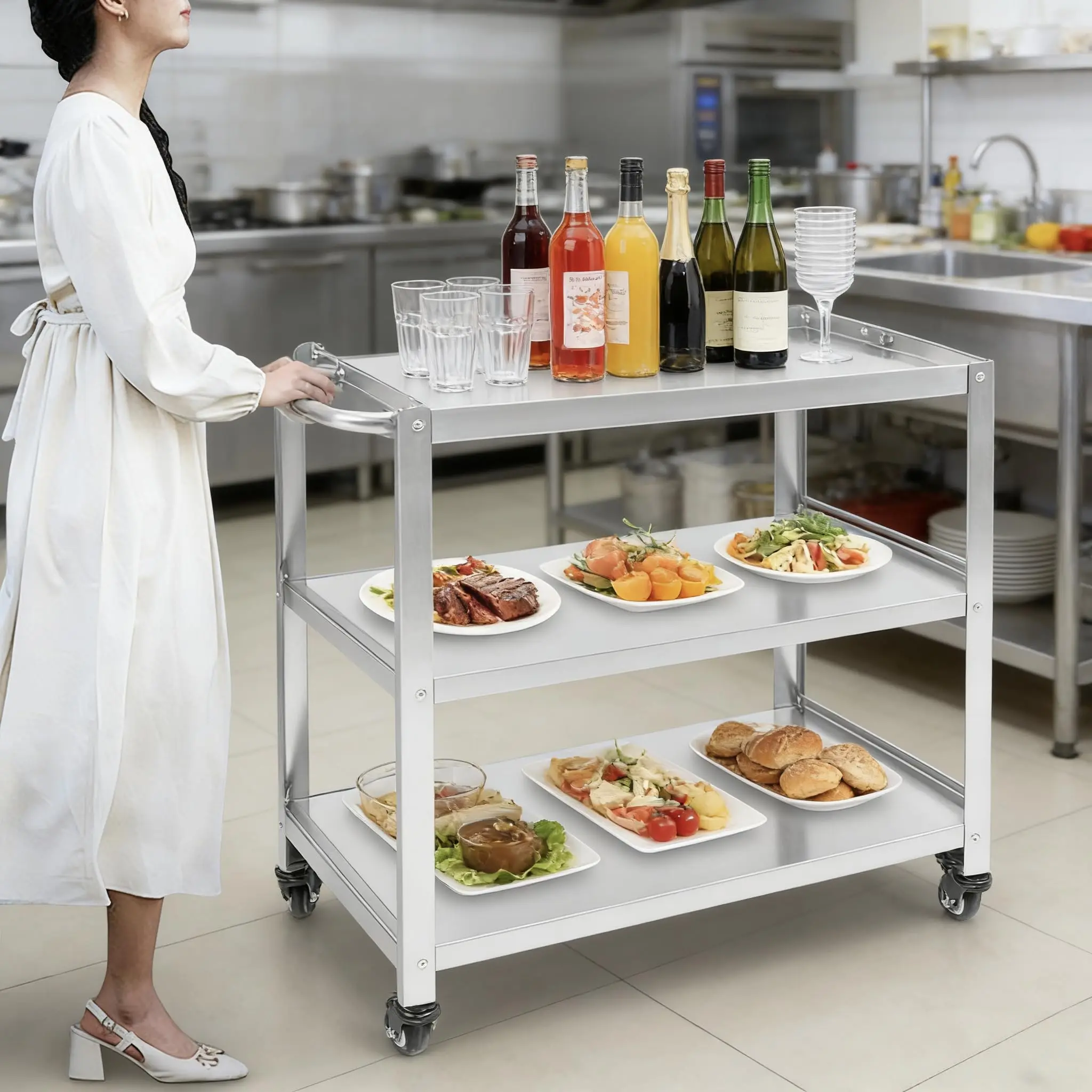 3 Tier Stainless Steel Utility Cart Heavy Duty Rolling Cart Food Storage Service Trolley with Handle and Wheels for