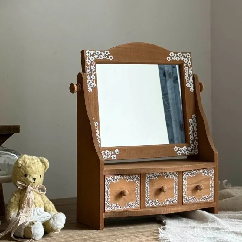 Simple style wooden clamshell desktop storage box drawer type makeup mirror jewelry cosmetics jewelry storage small cabinet