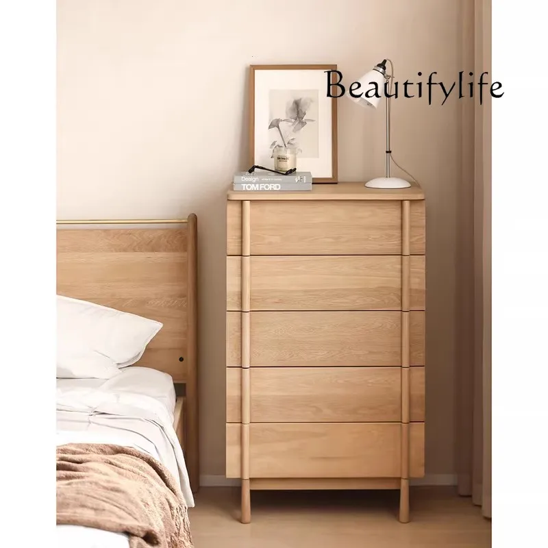 White Oak Solid Wood Chest of Drawers Japanese Retro Black Bedroom Storage Five-Drawer Locker TV Side Cabinet