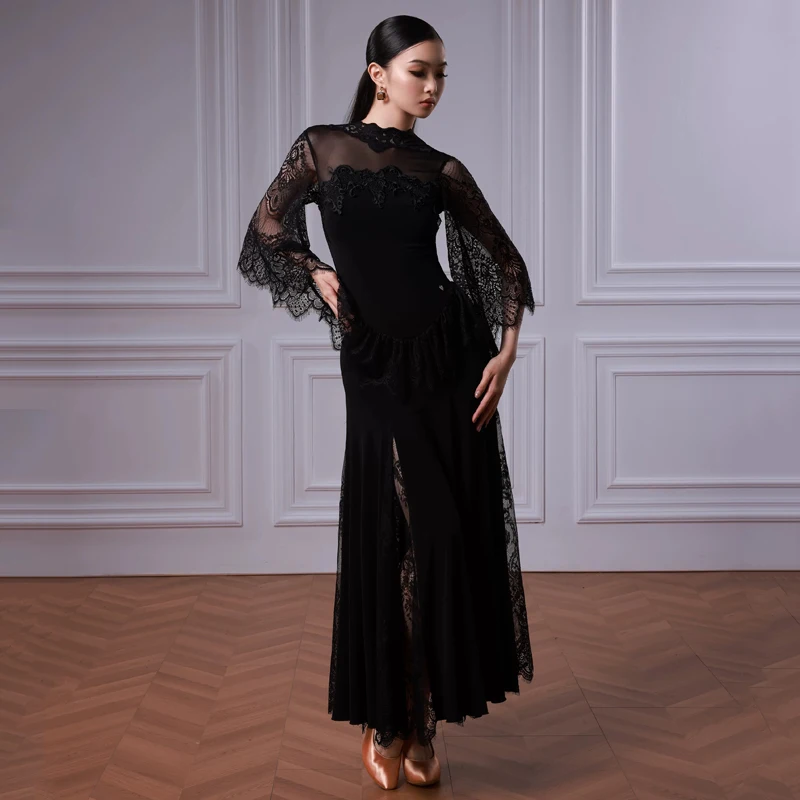 New Women Mesh Sleeves Ballroom Dance Professional Dress Adults Waltz Mdoern Dancing Dress Stage Performance Suits SL16702