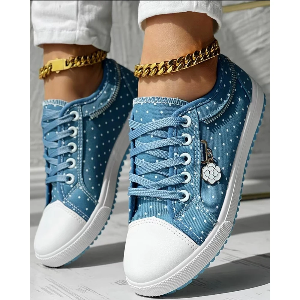 

Women Polka Dot Print Round Toe Canvas Sneakers Autumn Woman Casual Daily Zipper Design Lace-up Flats Shoes Korean Style Spring