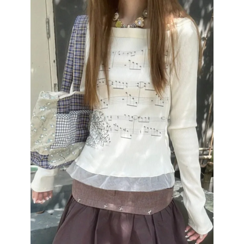 Grunge Aesthetics Knitted Tops Vintage Korean Retro Music Print Screw Thread T-Shirt Streetwear Tee Shirt