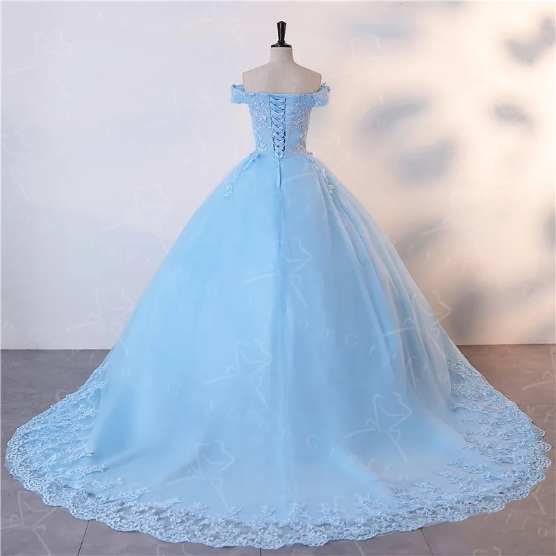 Light Blue Quinceanera Dress With Trian Sweet Flower Party Dress Luxury Ball Gown Real Photo Boho Prom Dress Plus Size