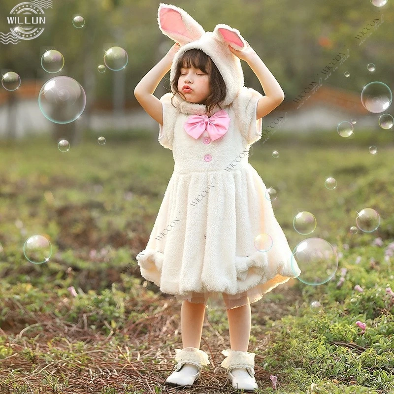 Traje de halloween para crianças palco jogar traje branco coelho bonito com um vestido de princesa branco preto vermelho festa de halloween