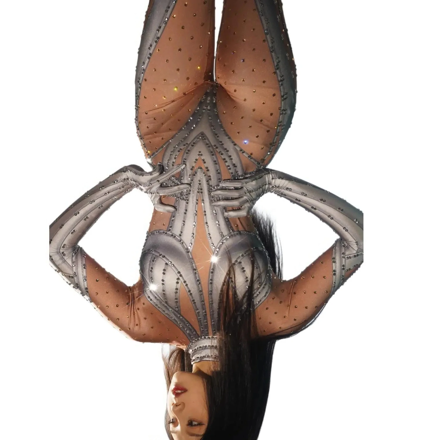 

Rhinestones Sexy Nude Golves Jumpsuit Women Dance Stretch Bodysuit Outfit Evening Singer Performance Costume
