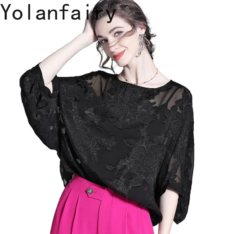 

YOLANFAIRY 52,8% вискоза, 47,2% шелковая блузка тутового дерева, женские легкие роскошные жаккардовые женские блузки, элегантная черная рубашка, женский топ