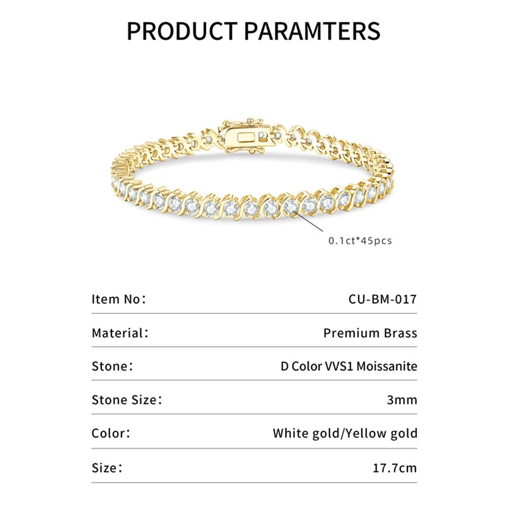Lnngy 4.5CTTW Moissanite Tennis Bracelet With Certificate For Women Exquisite Wave Shape Chain Bracelets Sparkling Jewelry Gifts