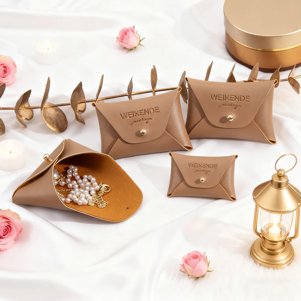 

50/100Pack 7x5cm Coffee PU Jewelry Gift Box Custom Logo Leather Ring Necklace Earring Packaging Organizer Bags Case With Rivet