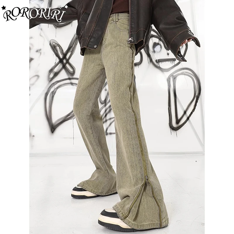 RORORIRI Zip-up Side Slit Women Baggy Jeans Retro Green High Waist Trousers Casual Straight Wide Leg Skater Pants Y2k Streetwear