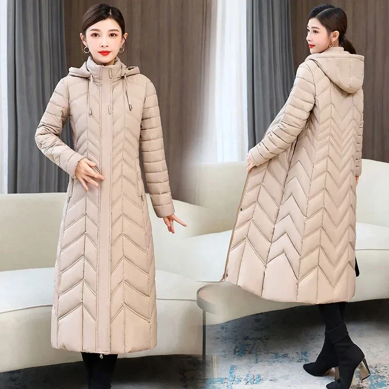 

Mom's Long Down Cotton Jacket 2023 Winter New Fashion Slim Hooded Coat Women's Warm Parker Overcoat Solid Female Casual Jackets