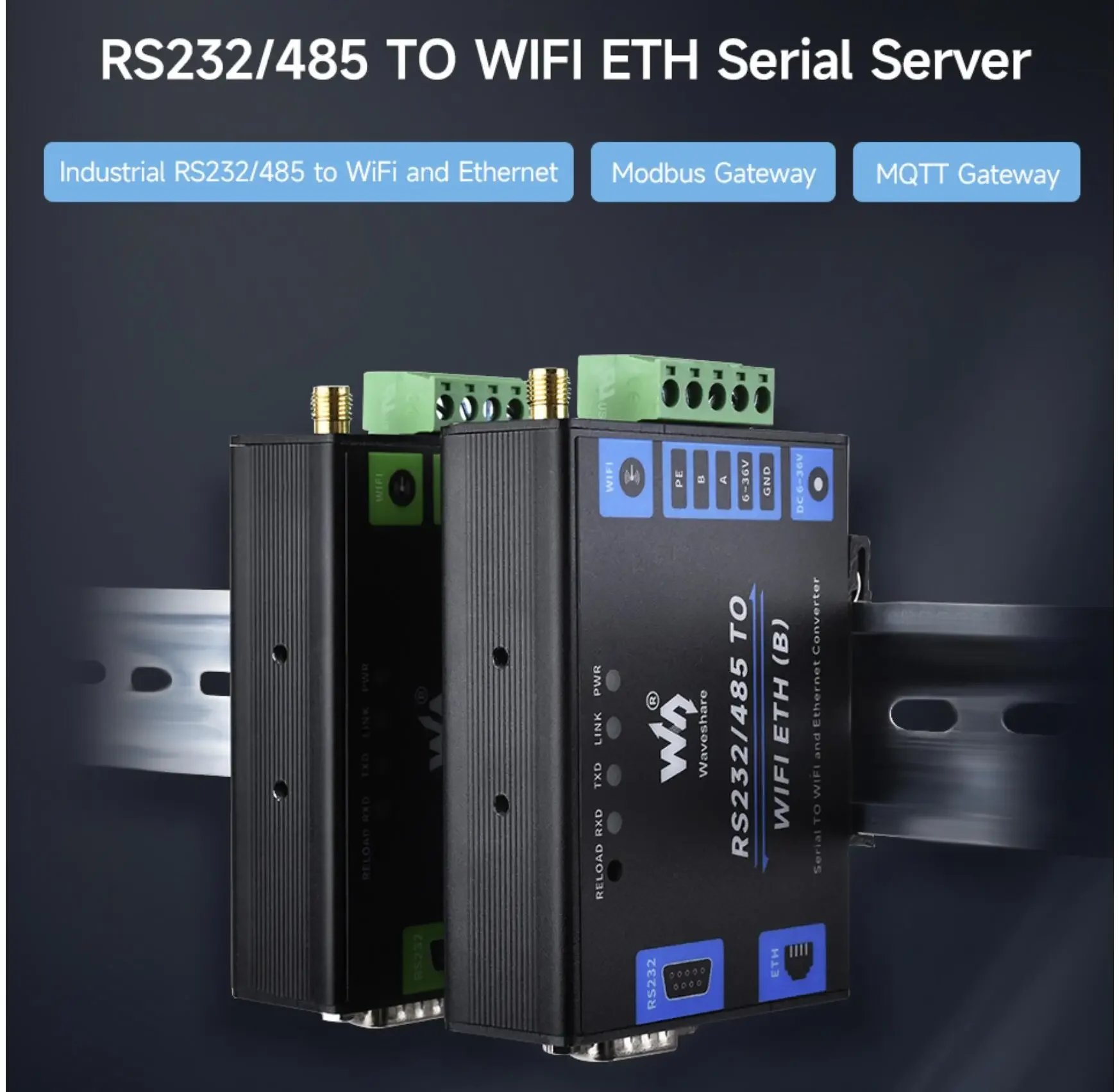 Industrial Grade Serial Server Metal RS232/485 To WiFi and Ethernet Modbus Gateway MQTT Gateway