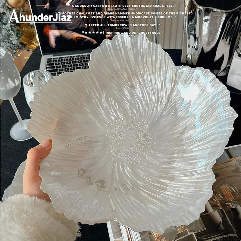 Ahinderjiaz-Nordic Crystal Flower Tray, Simple Glass Fruit Salad Plate, INS Household Fashion Tableware Set, Home Accessories