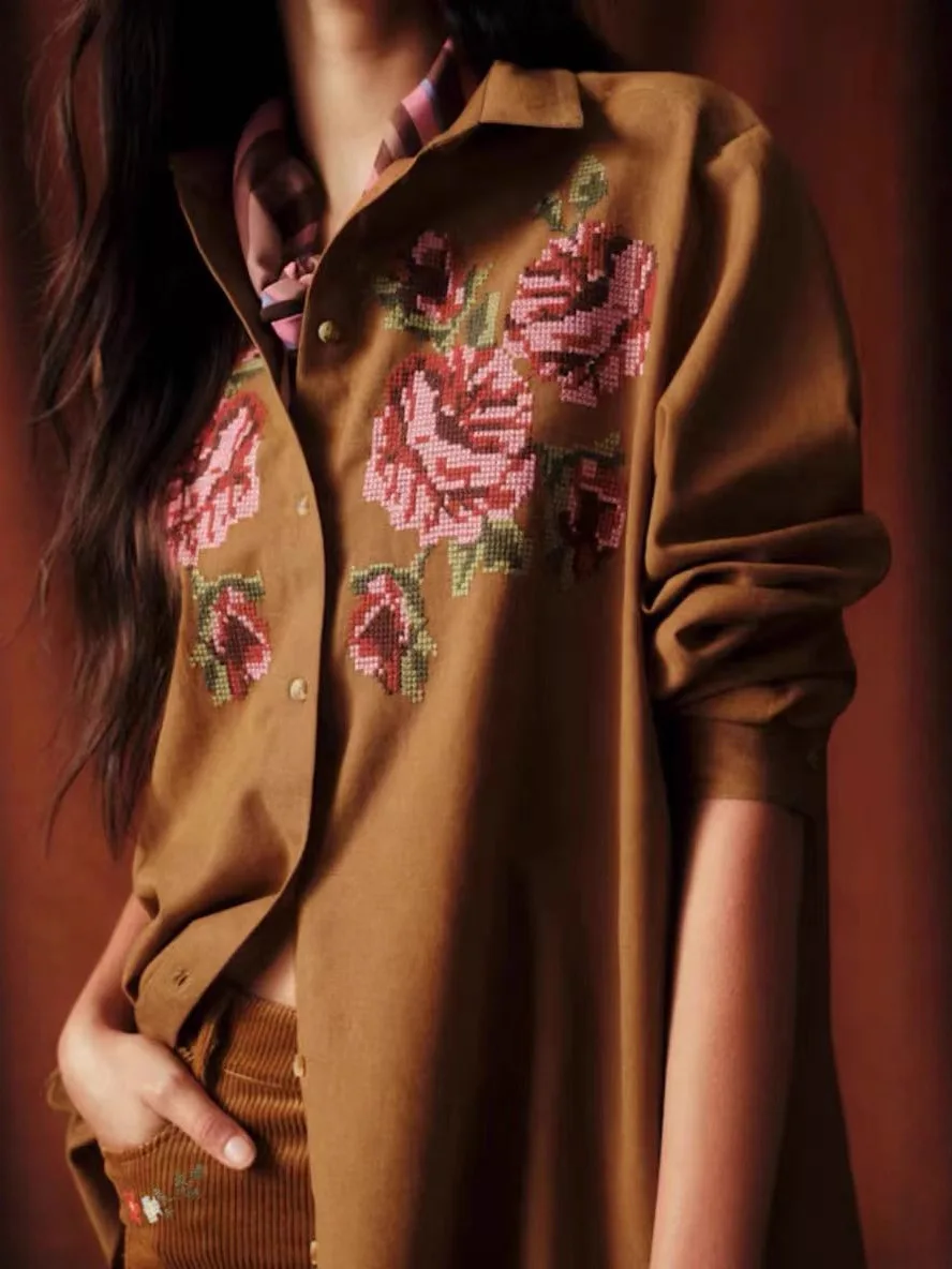 

Ретро-рубашка с вышитым узором из роз, с воротником, повседневная, хлопковая, с длинными рукавами, свободного кроя, женская, для осени и зимы