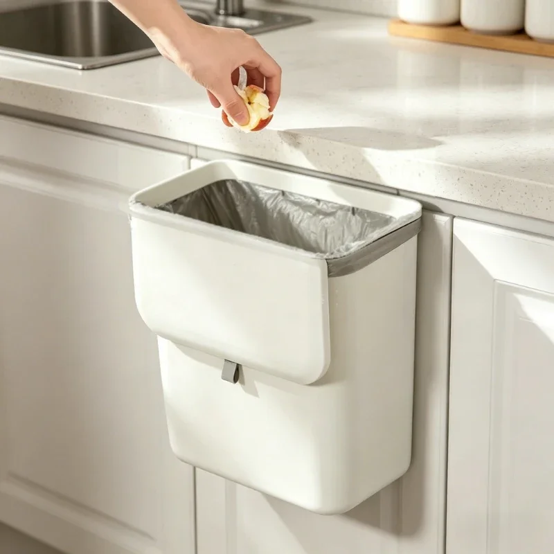 Wall-Mounted Hanging Kitchen Trash Can with Cover Creative Storage Cupboard Door Bathroom Paper Basket Home Organizing Accessory