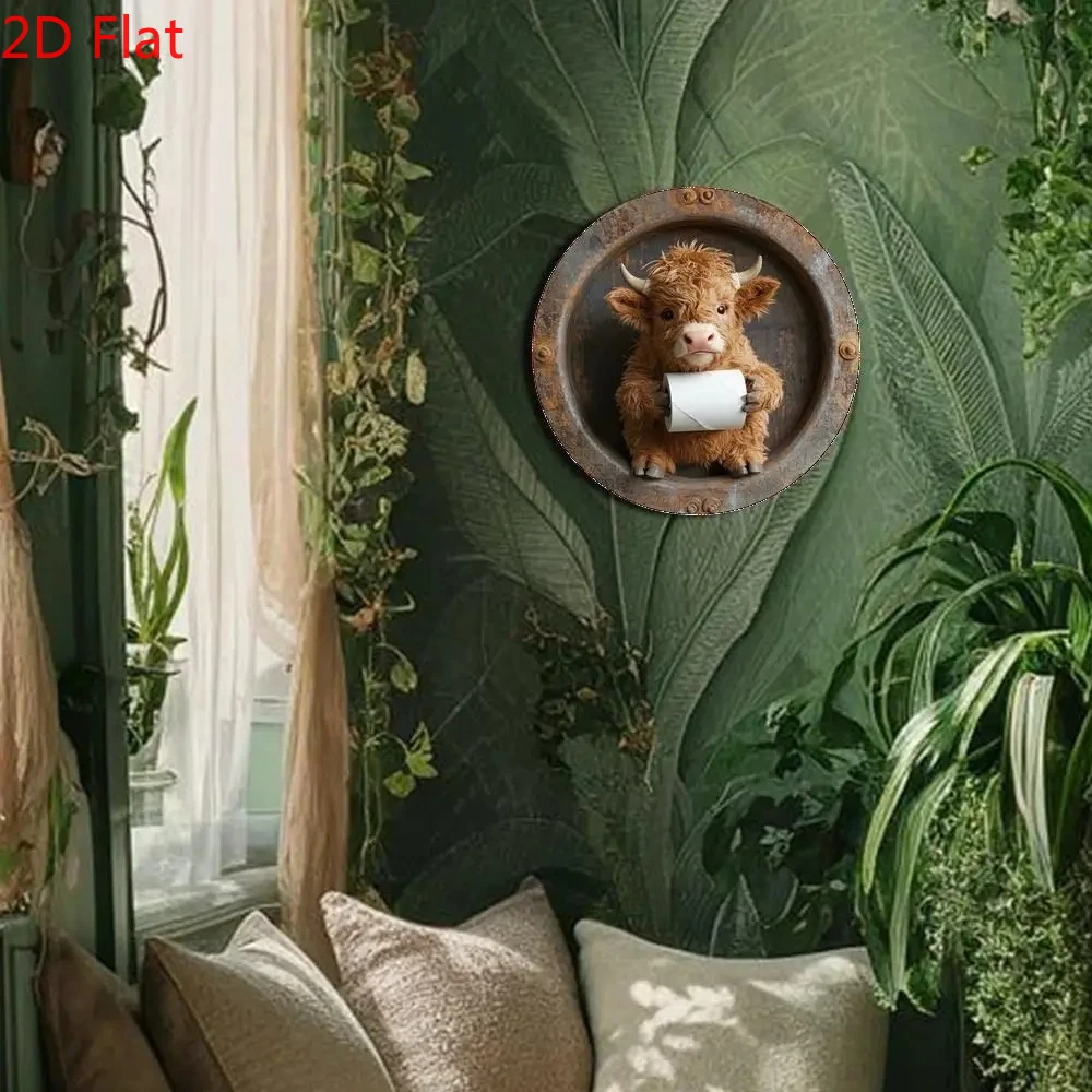 1 Piece Highland Cow Bathroom Humorous Round Metal Iron Sign - Retro 2D Wall Art, Quality Charm, Perfect for Home