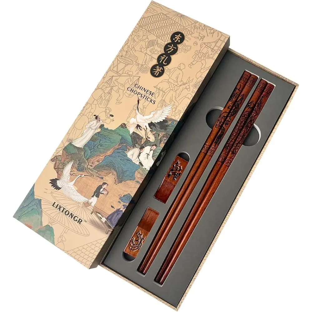 9 Inch Reusable Wooden Chopsticks Set - Hand-Carved Dragon & Phoenix Design, Non-Toxic, Non-Slip Grip for Asian Cuisine