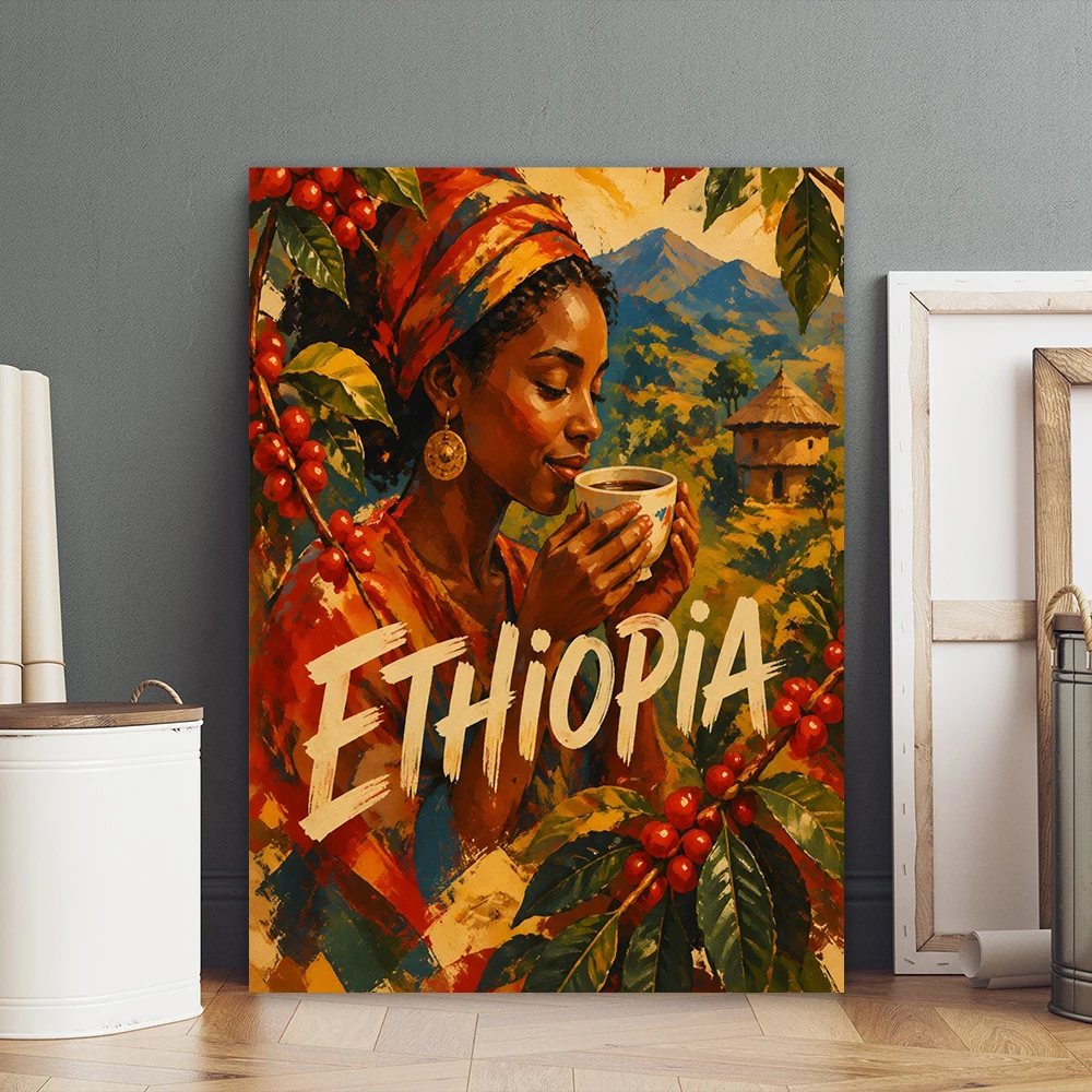 Colombia Coffee Art Print Woman With Coffee Poster Kitchen Wall Art Guatemala Ethiopian Coffee Art Traditional African Canvas