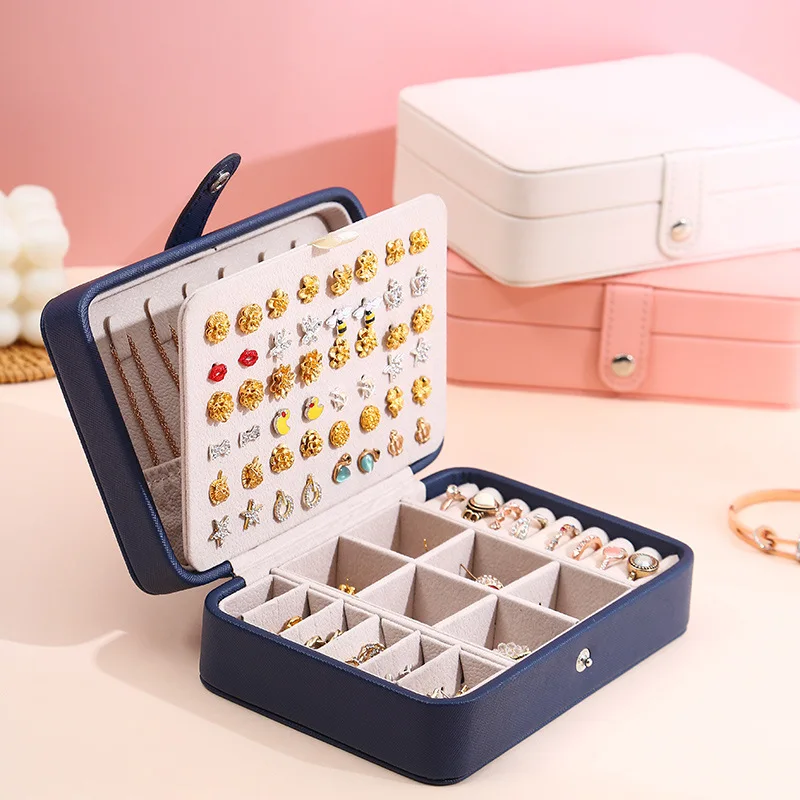

Spot new leather portable jewelry box double layer simple earrings earrings ring jewelry box storage box wholesale